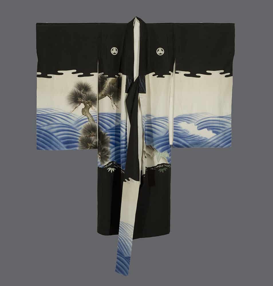 Black and white Japanese kimono with blue wave and pine tree design