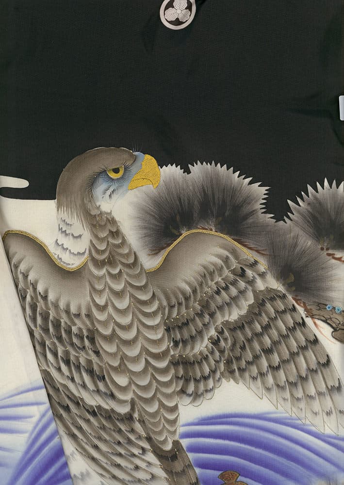 Detailed Japanese-style painting of a gray hawk with yellow beak