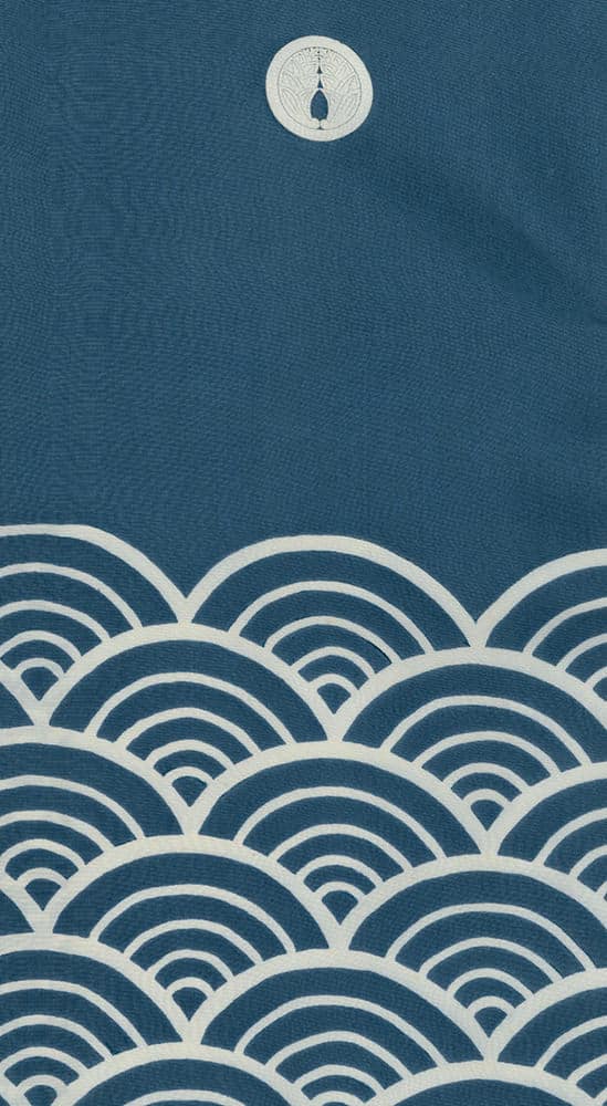 Japanese wave pattern with circular emblem on dark blue textured background