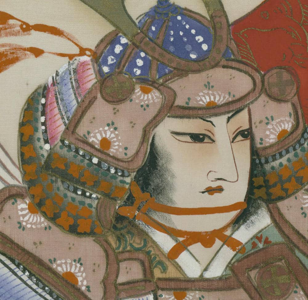 Traditional Japanese artwork of a warrior with ornate headdress and armor