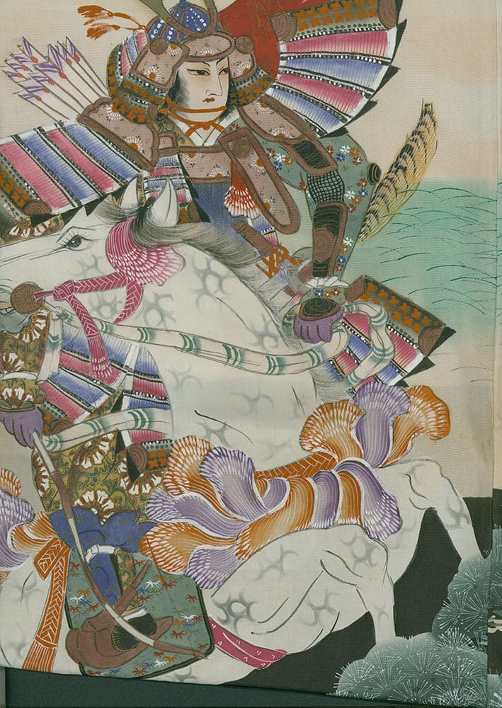 Samurai warrior in colorful armor riding a white horse with ornate background