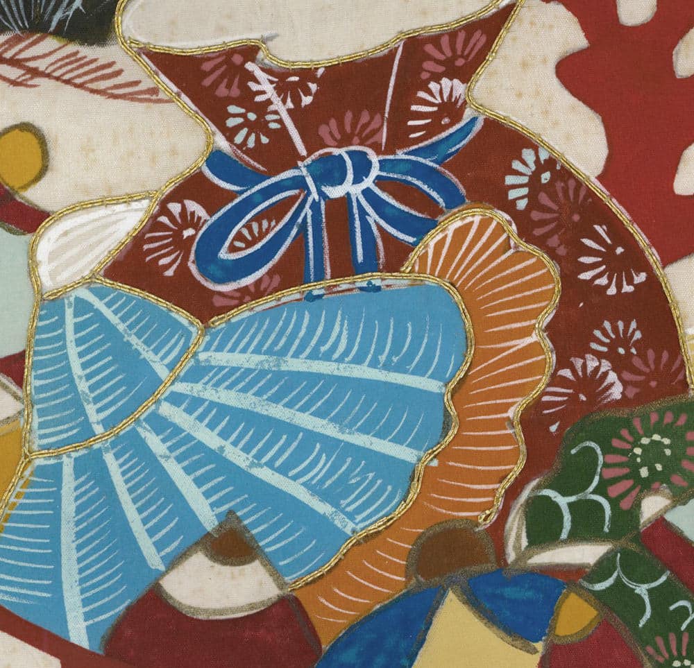 Colorful abstract floral design with blue butterfly and gold-outlined shapes