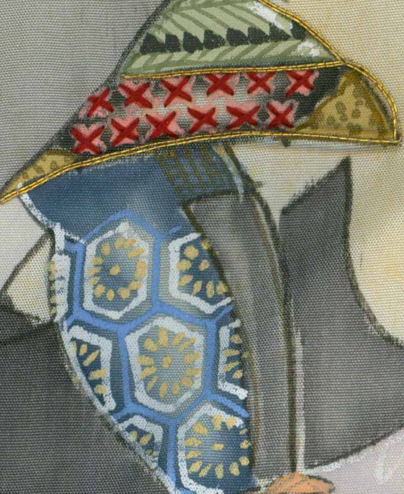 Detailed embroidery with geometric patterns in blue, red, and yellow