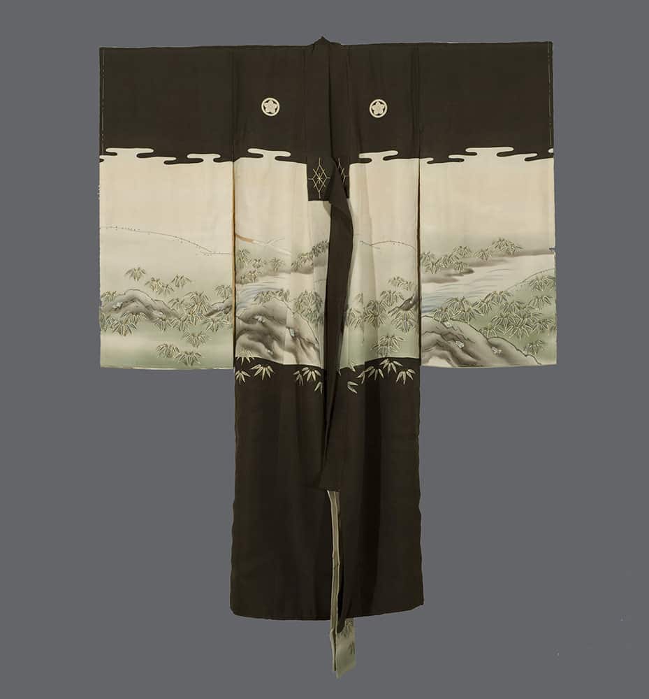 Traditional black Japanese kimono with mountain and bamboo landscape design