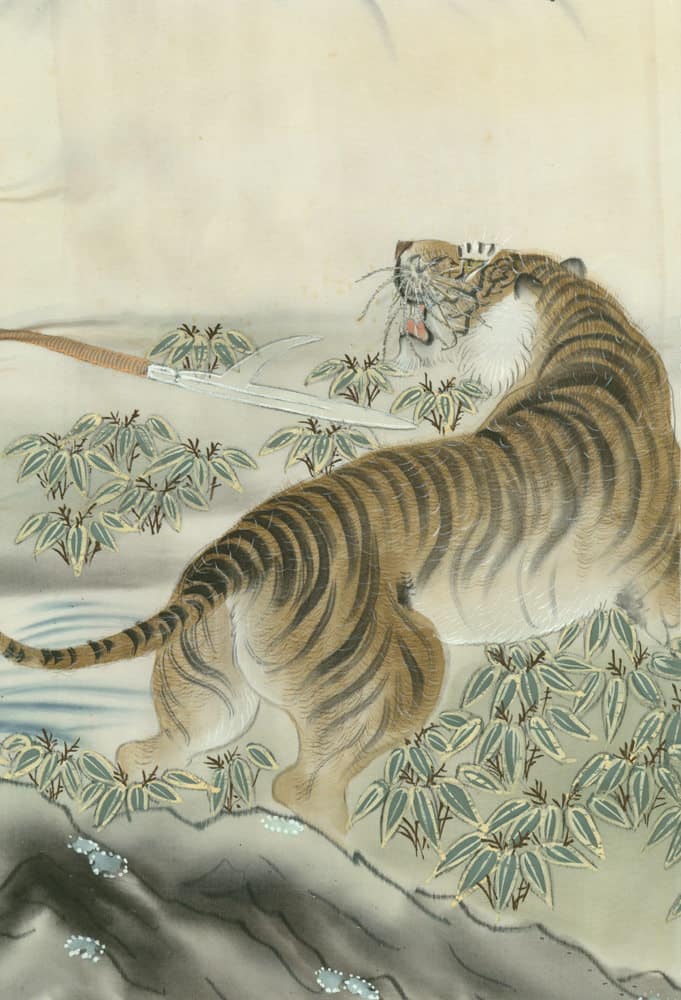 Fierce tiger with striped fur prowling among bamboo leaves in traditional Asian painting