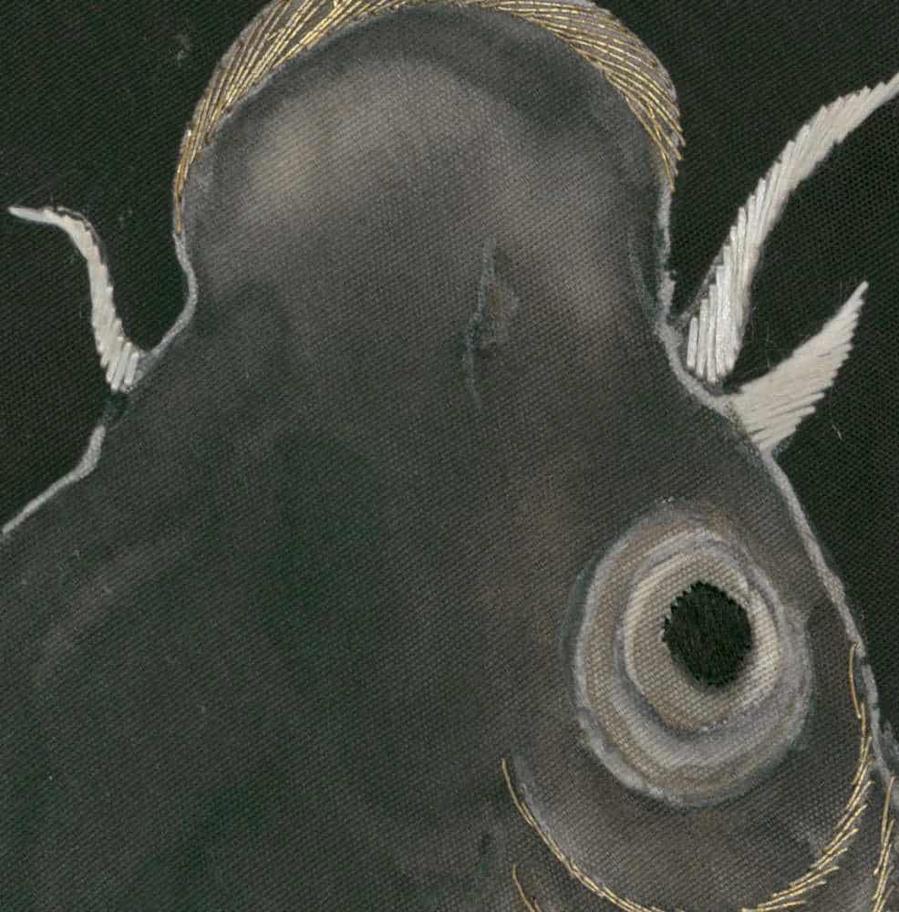 Abstract grayscale artwork with birds, circular shape, and golden lines