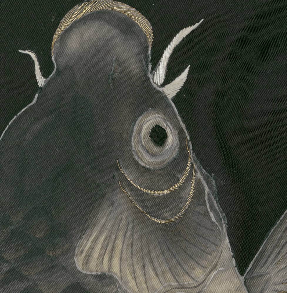 Surreal grayscale creature with single eye and golden accents on dark background