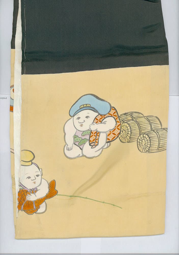 Whimsical cartoon characters sitting near wooden barrels on beige background