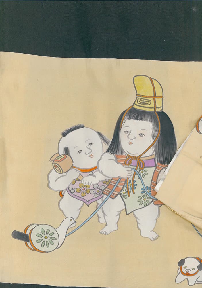 Traditional Japanese art of two children in colorful traditional clothing