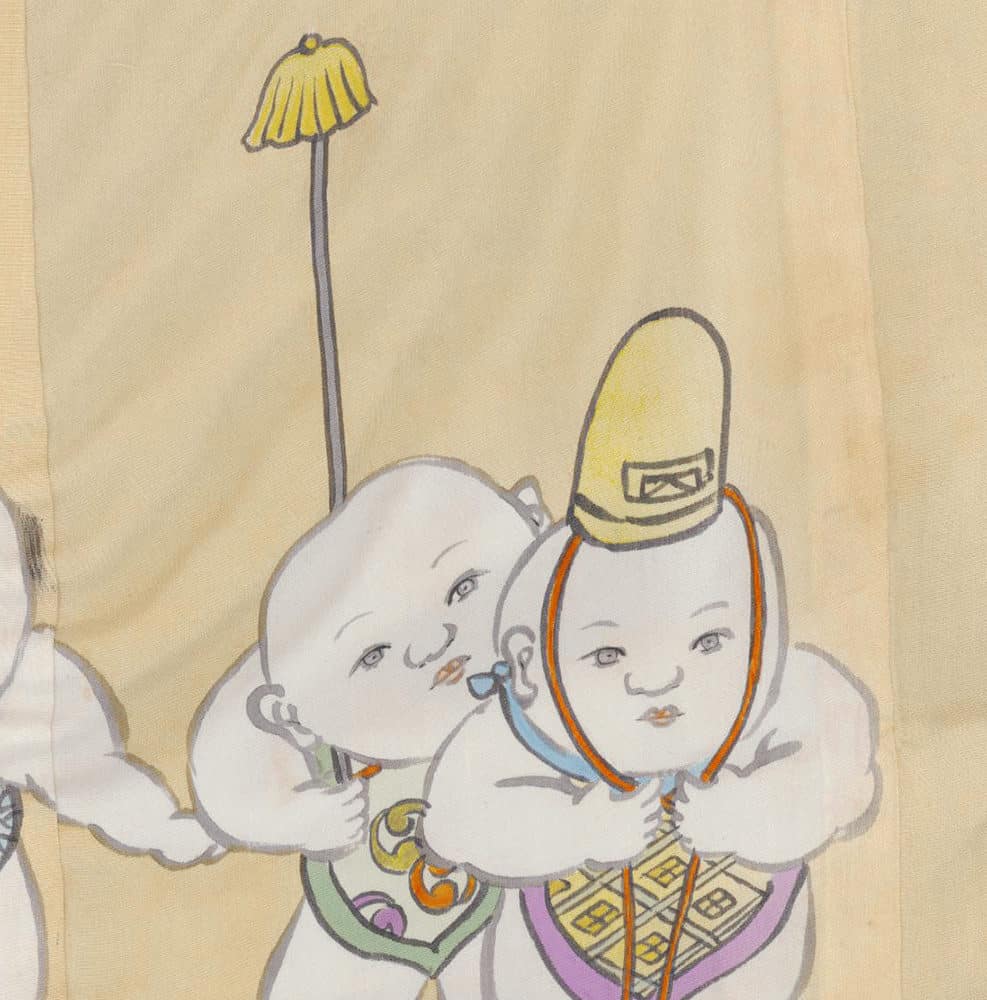 Two whimsical cloud-like figures with expressive faces and colorful accessories