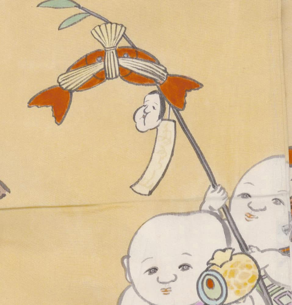 Whimsical illustration of round-faced characters with large bow and umbrella
