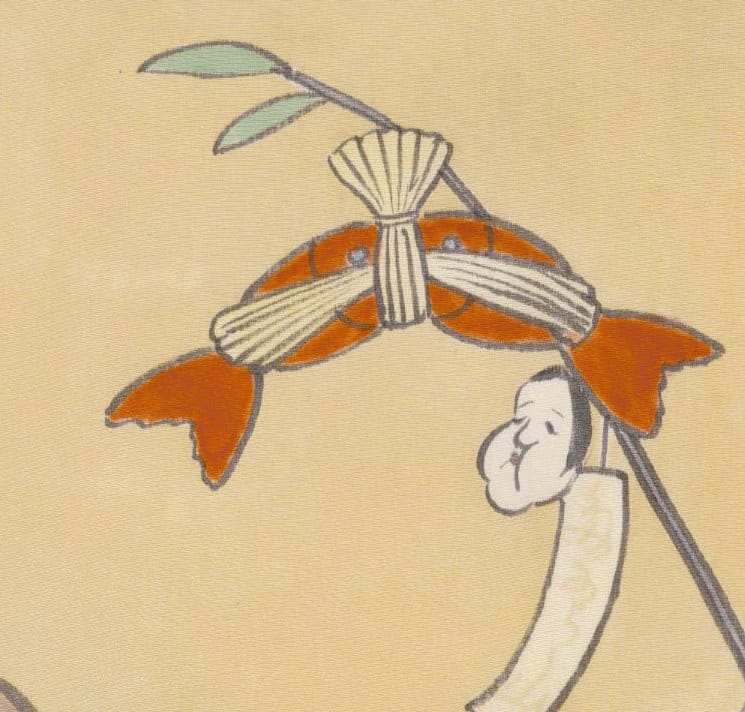 Japanese illustration of a figure under an orange and white stylized umbrella