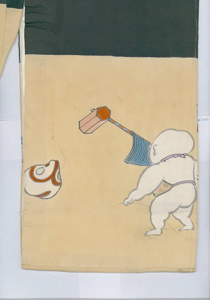Baby drawing water from a jug with a striped blue cloth