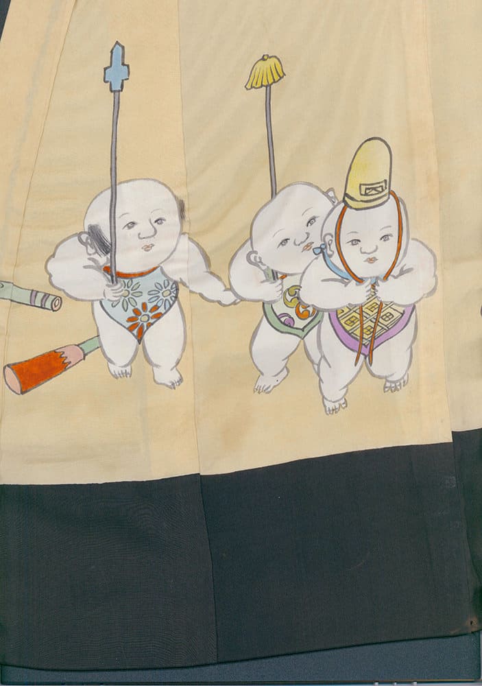 Whimsical illustration of three plump babies with decorative poles