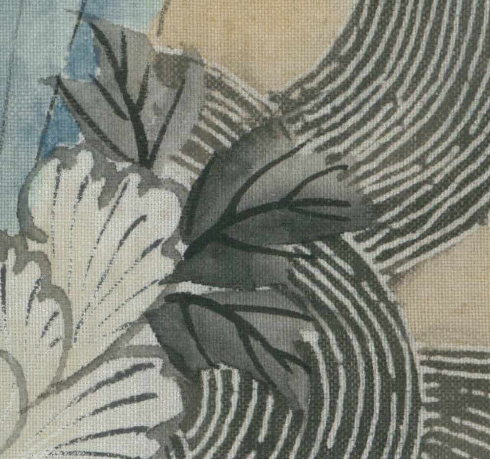 Botanical textile design with abstract floral and leaf patterns in muted colors