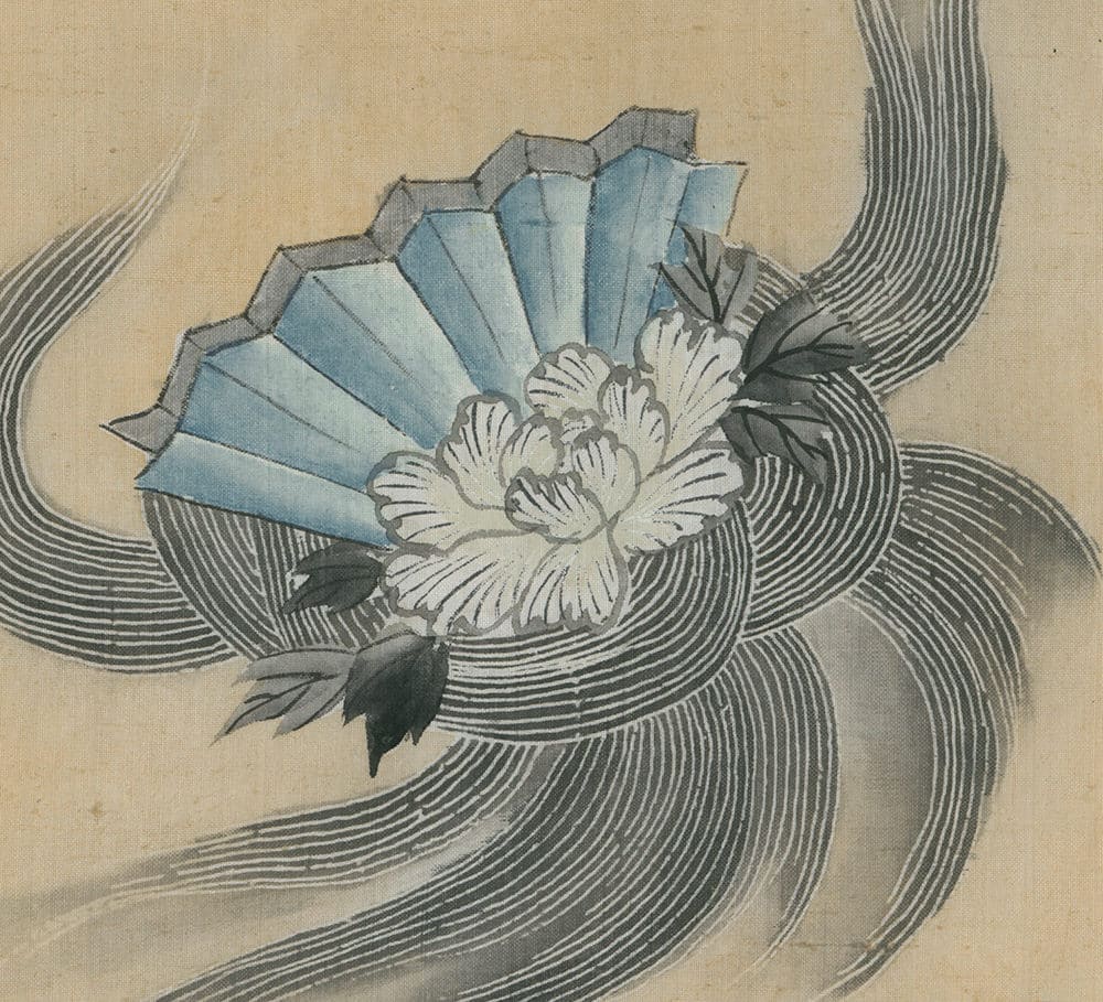 Japanese artwork of blue fan with white flower on curved background