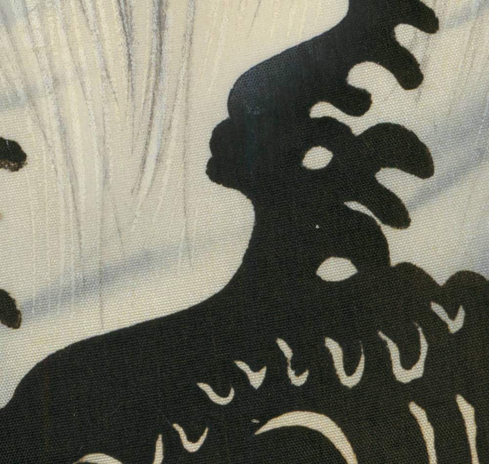 Black and white stylized bird or rooster silhouette with textured background