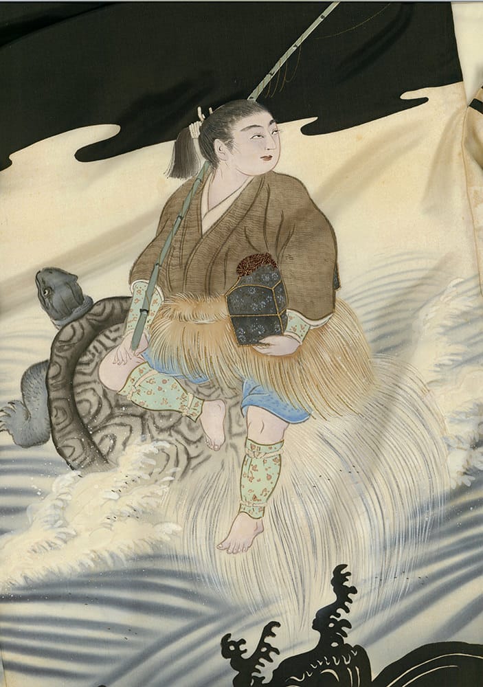 Japanese artwork of a person riding a wave with a mysterious creature