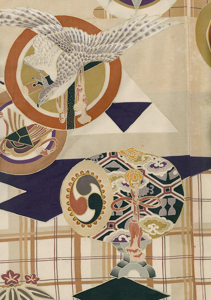 Vintage Japanese art with flying bird, geometric shapes, and decorative patterns