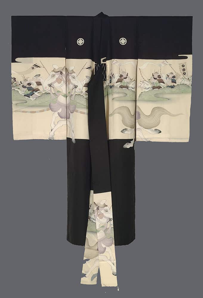 Traditional black and white Japanese kimono with horse battle scene