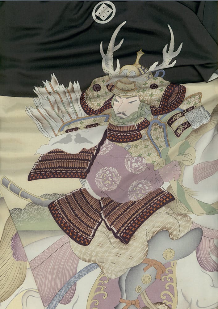 Japanese samurai warrior in ornate armor with antler helmet and quiver