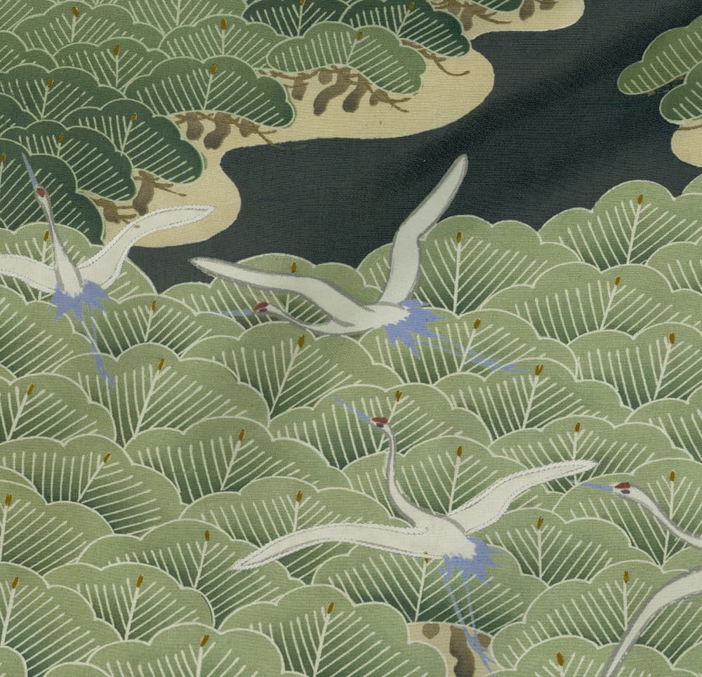 White cranes flying over green stylized leaves in Japanese art style