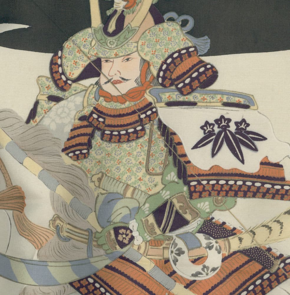 Ornate Japanese samurai warrior in colorful armor with floral patterns