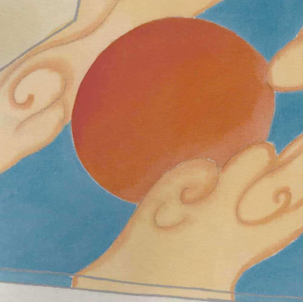 Orange sphere surrounded by soft clouds against blue geometric background