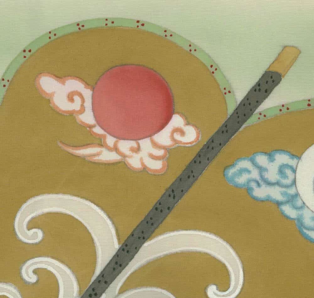 Stylized illustration of sun, clouds, and decorative swirls on textured background