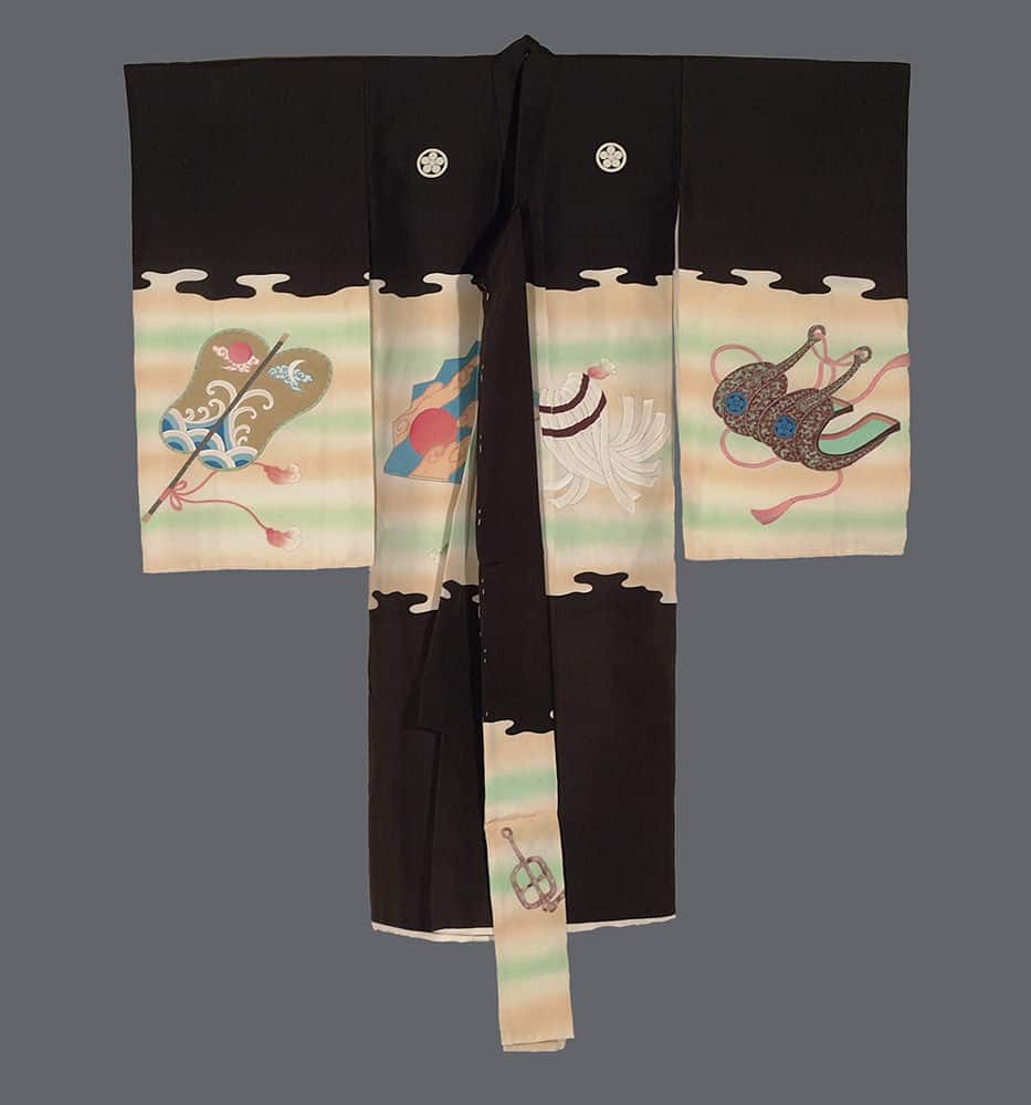 Black and cream Japanese kimono with colorful decorative motifs