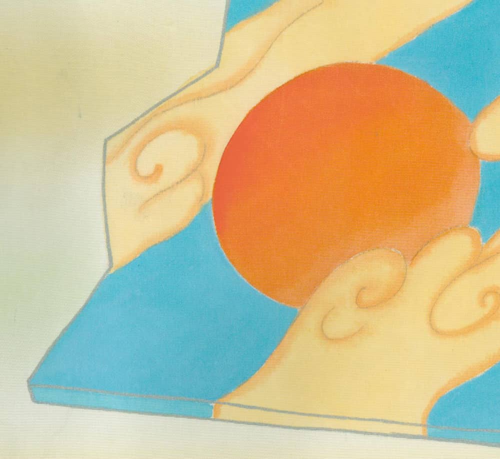 Abstract art with orange circle, curvy lines, and blue yellow background