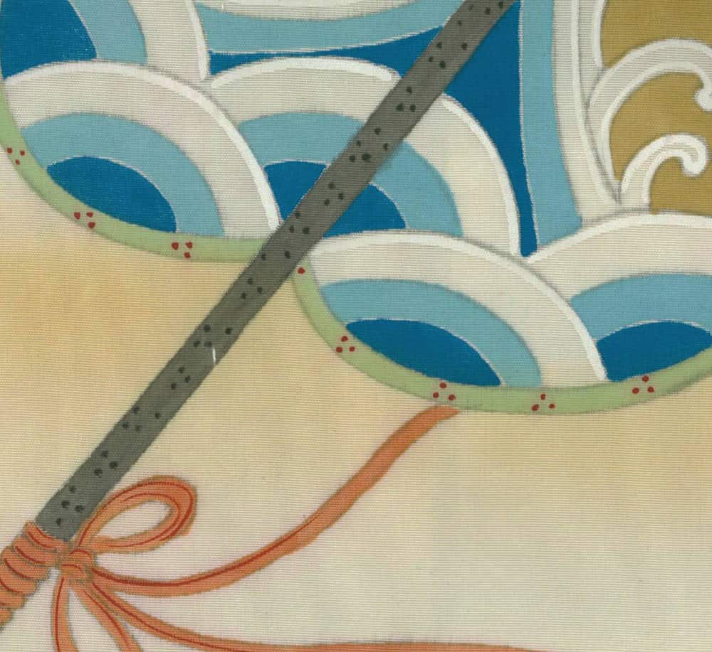 Abstract textile design with curving blue, white, and orange patterns