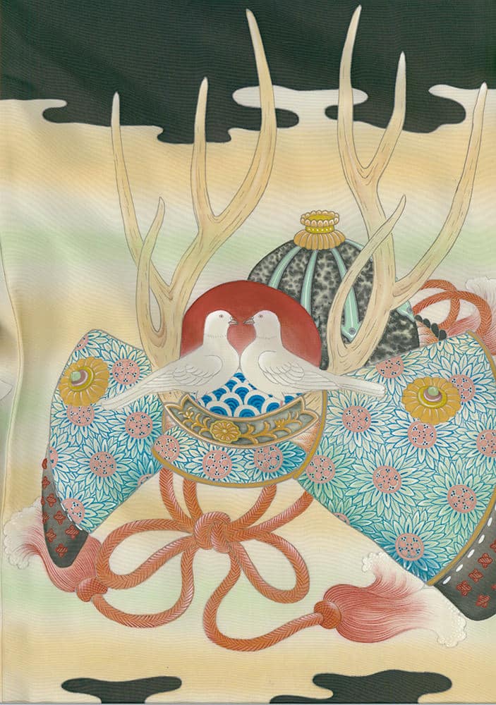 Two white doves on antlers with decorative Japanese-style floral background