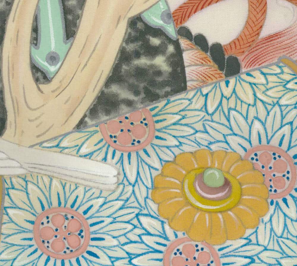 Vintage floral pattern with yellow, blue, and pink flowers on textured fabric