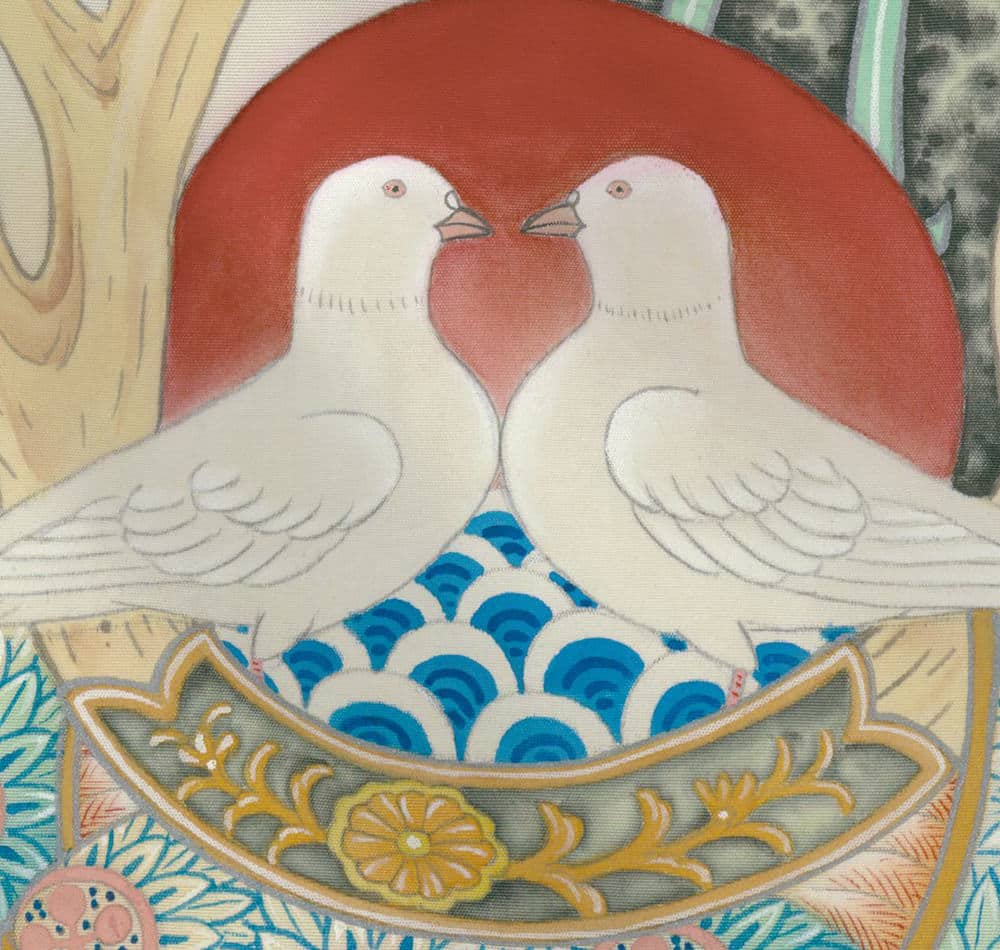 Two white doves facing each other against a red circular background