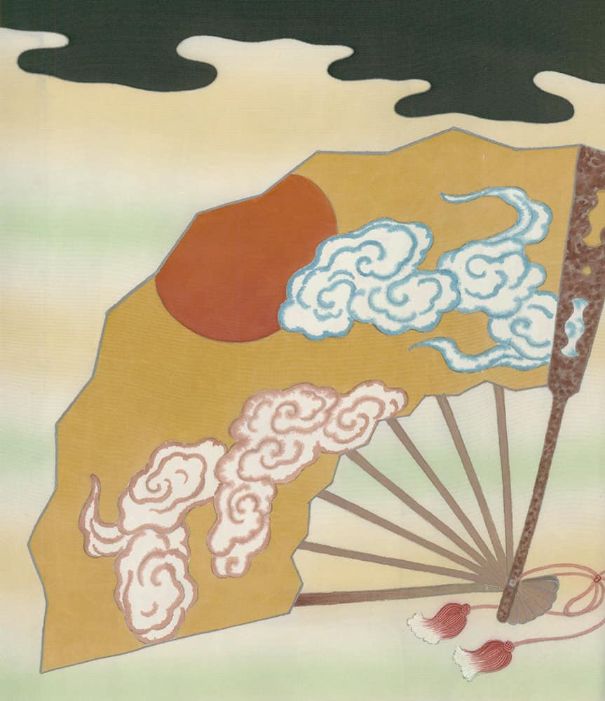 Japanese fan with curling clouds, red sun, and decorative tassels