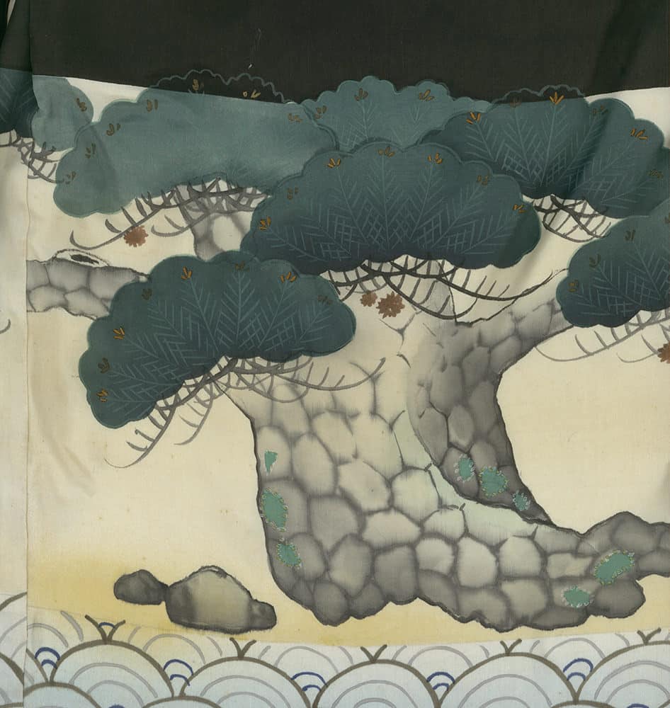 Stylized illustration of gnarled tree with blue-green leaves and textured branches