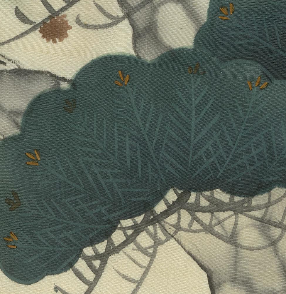 Japanese-style botanical illustration of leaves in teal and gray
