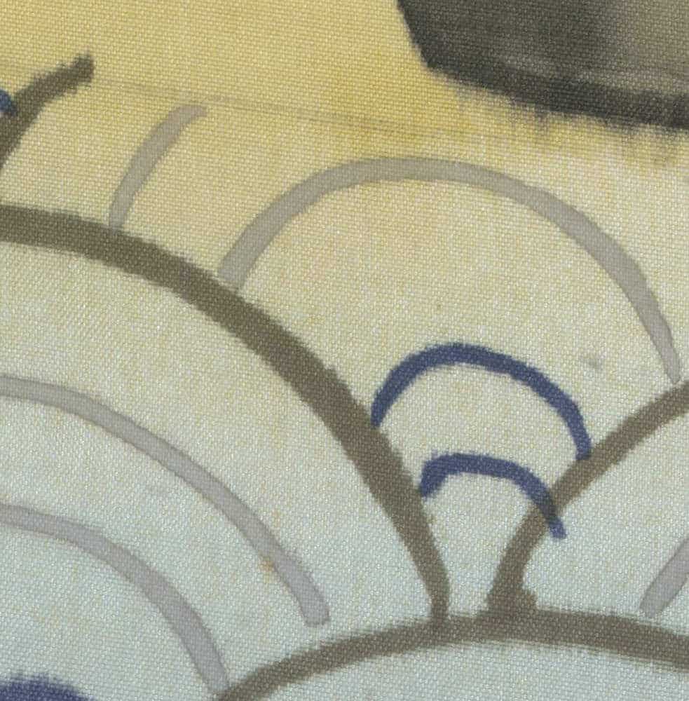 Abstract curved lines in soft yellow, gray, and blue on textured fabric