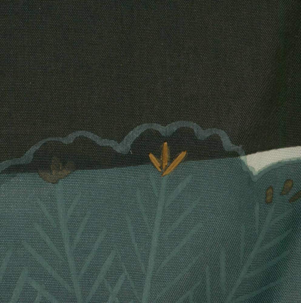 Delicate leaf veins with golden seed pods on dark green fabric