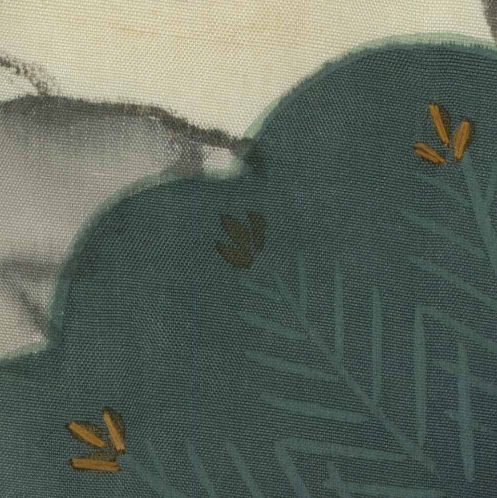 Muted green textured fabric with abstract leaf-like details and small brown accents