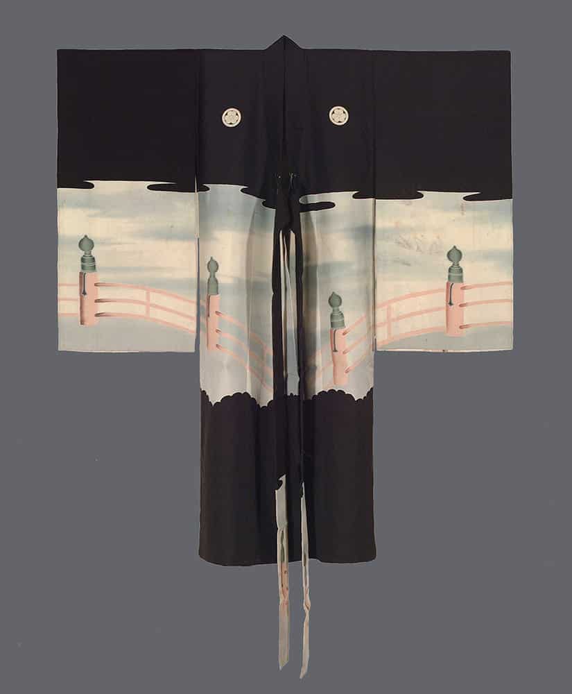 Traditional black and white Japanese kimono with landscape design