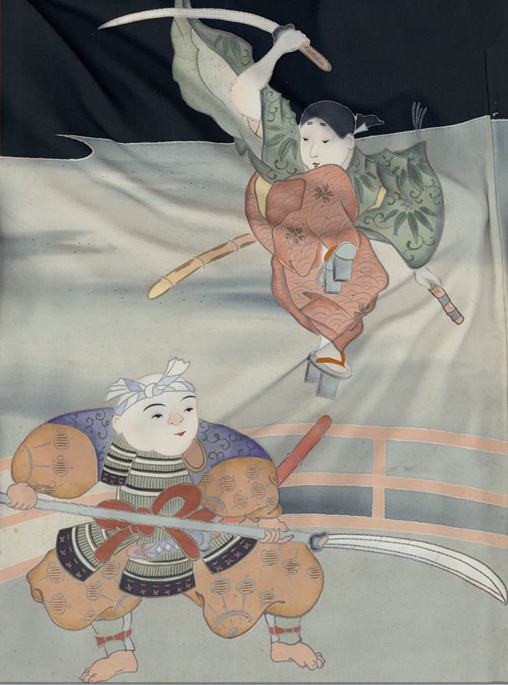 Traditional Japanese art of two figures fighting with curved swords