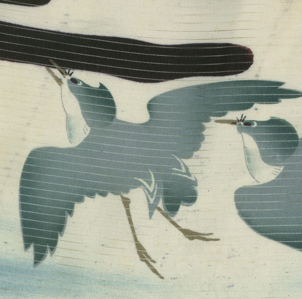 Vintage-style illustration of two birds with spread wings in blue-green tones