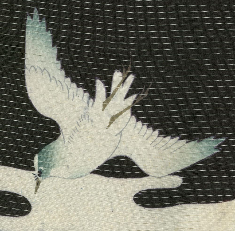 White bird with outstretched wings flying against striped background