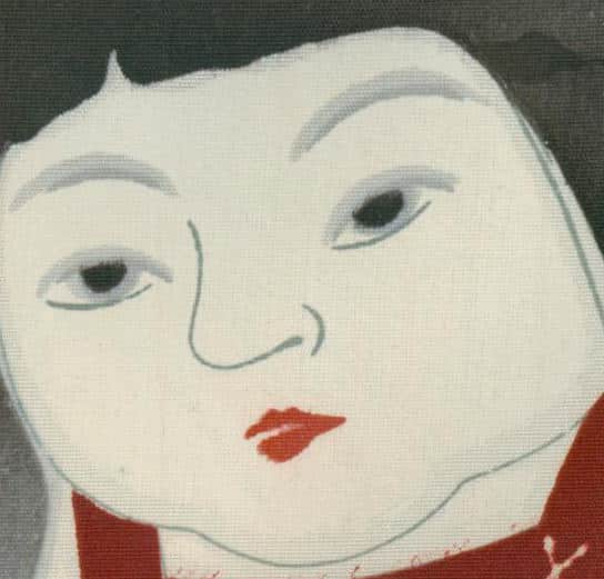 Vintage Japanese illustration of a woman with pale makeup and red lips
