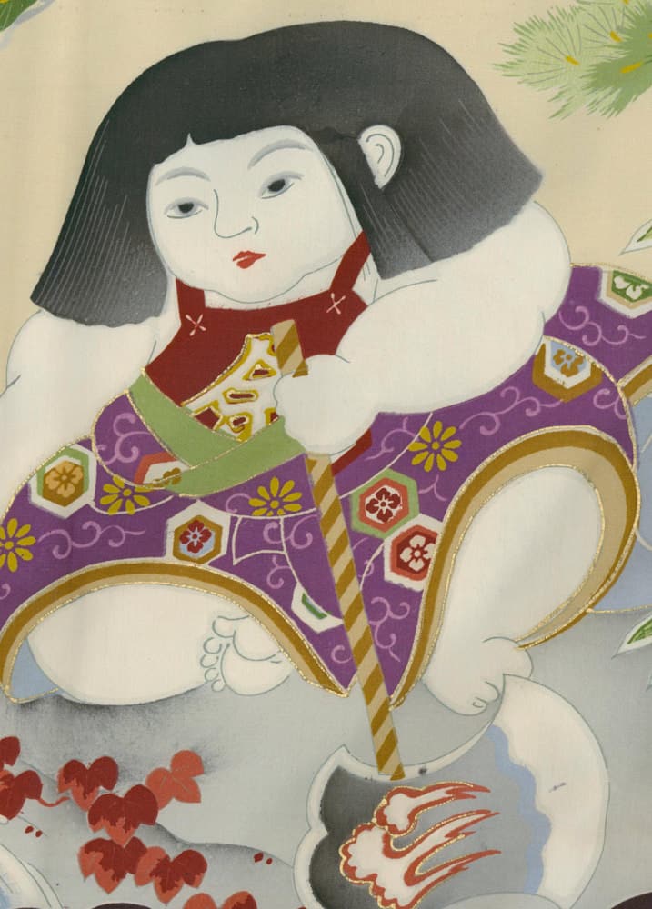 Traditional Japanese illustration of child in ornate purple kimono
