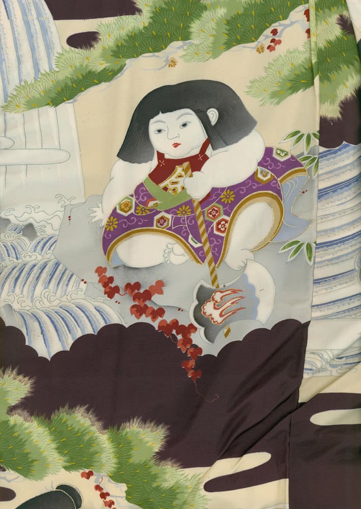 Traditional Japanese illustration of child in ornate purple kimono