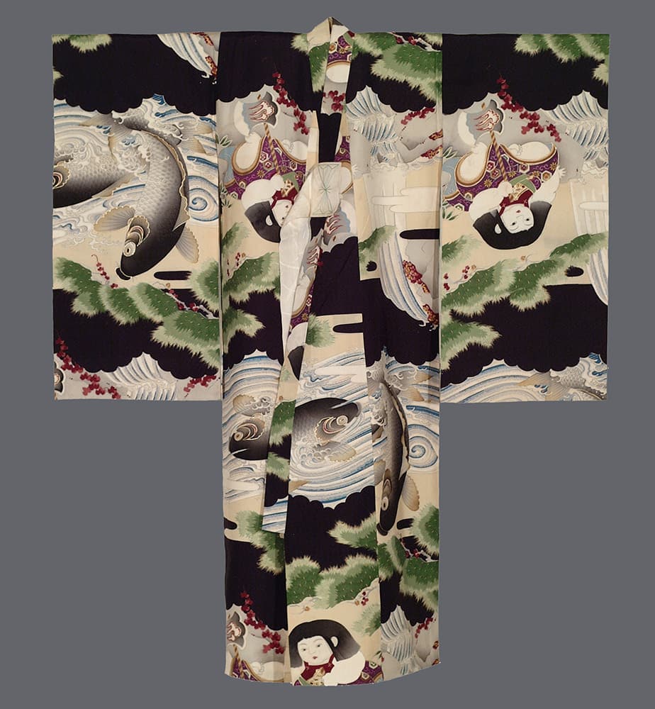 Intricate Japanese kimono with waves, fish, and stylized figures