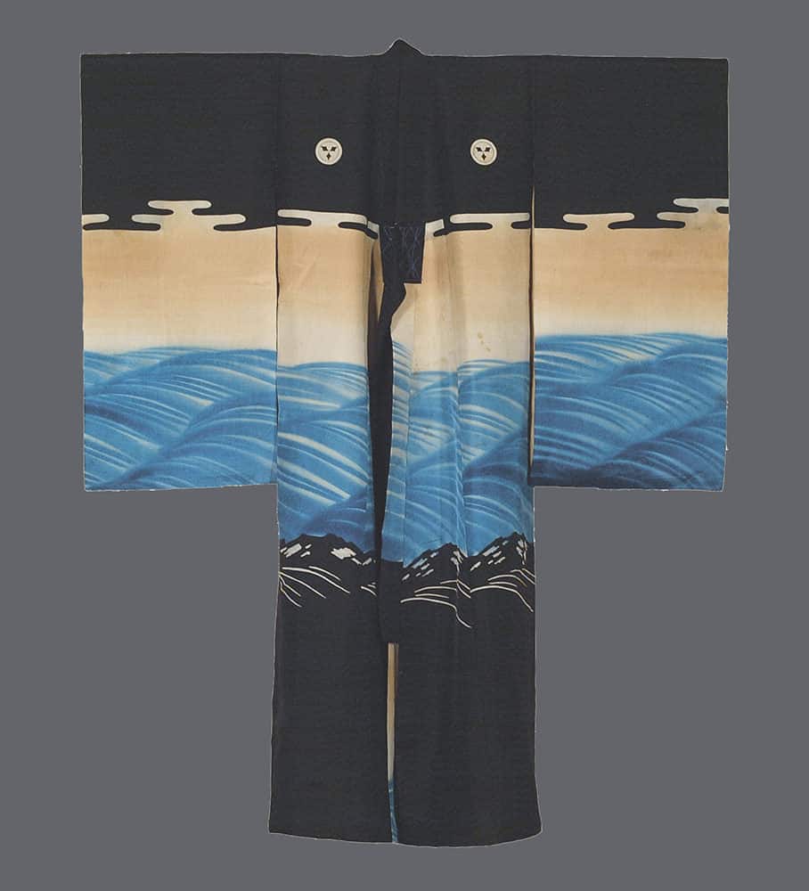 Japanese traditional kimono with ocean waves and mountain landscape design